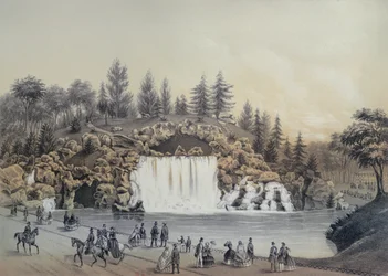 Die große Kaskade im Bois de Boulogne in Paris, veröffentlicht von Caudrilier, 1860
